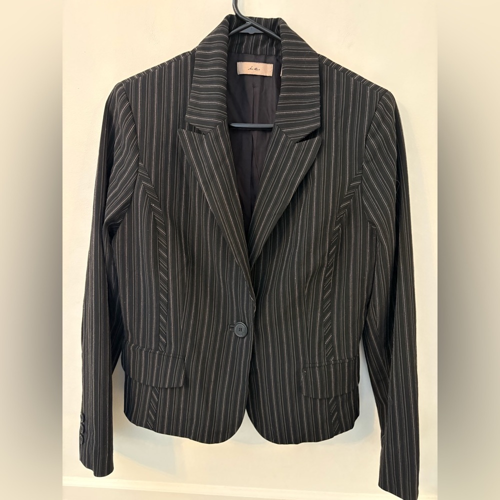 I.E. Women's One Button Black/Gray  Fitted Blazer Striped Size 12